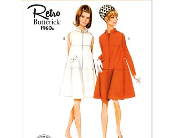 Könnte beinhalten: Vintage-Schnittmuster für ein Kleid im Stil der 1960er Jahre. Das Schnittmuster enthält zwei Kleidvarianten, eine weiße und eine orange, beide mit einem Kragen und einem Reißverschluss vorne. Das Schnittmuster ist mit "Butterick Retro 1960s" und "B6991" gekennzeichnet.