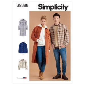May include: Simplicity sewing pattern number S9388 for a long-sleeved shirt with a button-down front. The pattern includes three different styles: a plaid shirt, a solid corduroy shirt, and a denim shirt. The pattern is designed and printed in the USA.