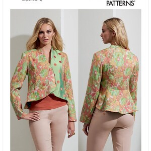May include: Vogue Patterns sewing pattern for a floral print jacket with a green and pink color scheme. The pattern is for sizes 6-8-10-12-14. The pattern is designed and printed in the USA. The pattern is by Júlio César NYC.