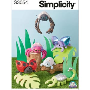 May include: A Simplicity sewing pattern for making plush toys. The pattern includes instructions for making a spider, a ladybug, a unicorn, a beetle, and a scorpion. The pattern is illustrated with photos of the finished toys.