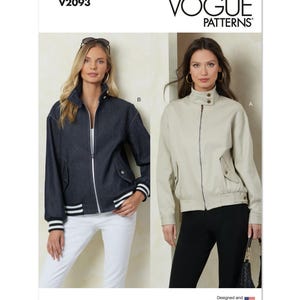 May include: Vogue Patterns V2093 sewing pattern for a zippered jacket with two different styles. One style is a denim jacket with a white and black striped trim. The other style is a light beige jacket with a mock neck.