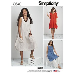 May include: A sewing pattern for three different styles of dresses. The pattern is for sizes 6-14. The dresses are all sleeveless and have a loose, flowing fit. The first dress is a white linen dress with a scoop neck and pockets. The second dress is a red linen dress with a scoop neck and a slightly fitted bodice. The third dress is a blue linen dress with a scoop neck and a slightly fitted bodice. The pattern is from Simplicity and is number 8640.
