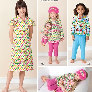 May include: Simplicity pattern 1511 featuring children's clothing designs. The image shows various outfits, including a dress with a heart pattern, a top and leggings set, and a top and pants set. The pattern also includes doll clothes.