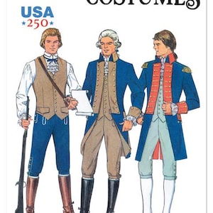 May include: Simplicity Costumes pattern S3227 featuring illustrations of three historical outfits. The costumes include blue, brown, and tan jackets, vests, and pants. The image includes the text "USA 250" and "Designed and printed in USA."