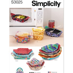 May include: A sewing pattern for microwave bowl cozies. The pattern includes instructions for making a variety of cozies, including a rectangular cozy, a round cozy, and a cozy with a handle. The cozies are made from colorful fabric with floral and geometric patterns.