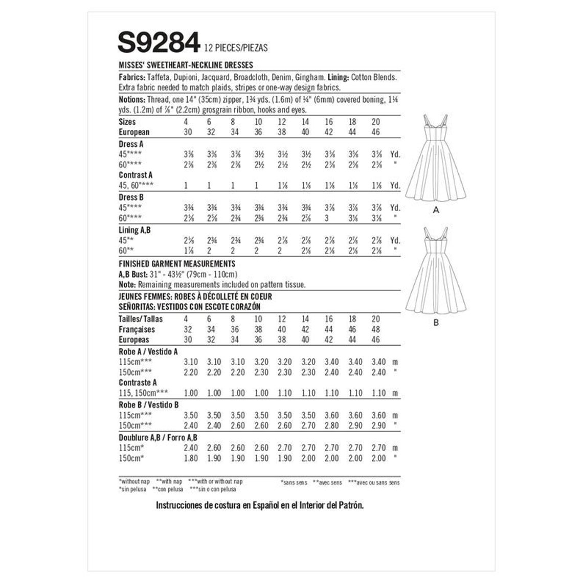 Simplicity Sewing Pattern S9284 Misses' Sweetheart-neckline Dresses - Etsy