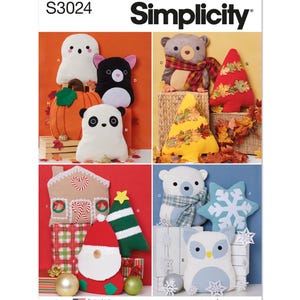 May include: A Simplicity sewing pattern for making 10 plush toys. The pattern includes a ghost, a cat, a panda, a pumpkin, a bear, a Christmas tree, a gingerbread house, a Santa Claus, a polar bear, a snowflake, an owl, and a Christmas tree. The pattern is easy to sew and includes instructions for making each toy.