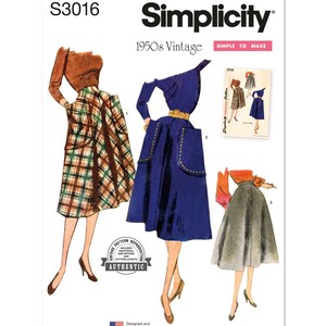 May include: A vintage sewing pattern for a 1950s skirt. The pattern includes three different skirt styles: a plaid skirt, a blue skirt, and a gray skirt. The pattern is labeled "Simplicity S3016 1950s Vintage Simple to Make".