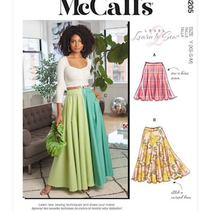 May include: McCall's sewing pattern M8205, Learn to Sew level, size Y (XS-S-M), featuring three different skirt styles: a plaid skirt with a bias seam, a lemon print skirt with a curved hem, and a green and blue ombre skirt. The pattern includes instructions for sewing each skirt.