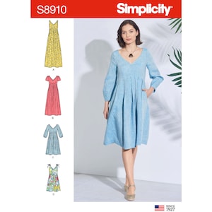 May include: Simplicity sewing pattern number S8910 for a dress with four different variations. The pattern shows a blue dress with long sleeves and a V-neckline, a yellow floral dress with short sleeves and a V-neckline, a pink dress with short sleeves and a V-neckline, and a floral dress with straps and a V-neckline.