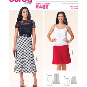 May include: A fashion magazine page featuring two women modeling skirts. One woman wears a black and white polka dot skirt, the other a red skirt. The magazine cover has the Burda Style logo and the number 6818.