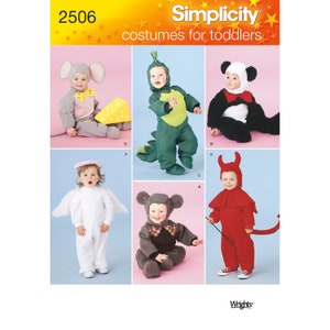 May include: Simplicity pattern 2506 for toddler costumes. The pattern includes six costumes: a mouse, a dinosaur, a panda, an angel, a monkey, and a devil. The costumes are all in different colors and have different details.
