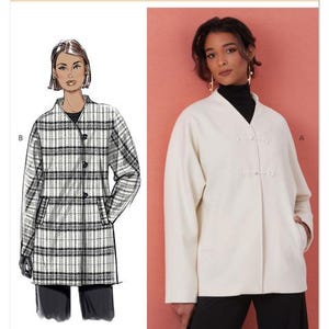 May include: Butterick B7058 sewing pattern featuring two coat designs. One coat is a plaid pattern with a button closure and pockets. The other is a solid cream-colored coat with a unique closure and pockets. Designed and printed in the USA.