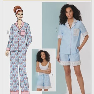 May include: Butterick sewing pattern B7083 featuring pajama sets. The sets include a long-sleeved top and pants with a floral print, and a short-sleeved top and shorts with floral trim. The pattern is designed and printed in the USA.