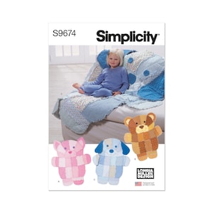 May include: Simplicity sewing pattern S9674 featuring a patchwork quilt and stuffed animal designs. The image shows a child on a blue patchwork quilt, and three stuffed animal designs: a pink bear, a blue dog, and a brown bear.