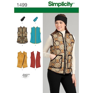 May include: Simplicity sewing pattern 1499. The image shows a woman wearing a paisley print vest with black trim and a black headband. The pattern includes vest designs in various colors and styles, including a teal vest and a mustard-colored vest.
