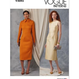 May include: Vogue Patterns V2045 sewing pattern featuring two women wearing dresses. One dress is a long-sleeved, orange dress with a collar and pockets. The other dress is a sleeveless, gold dress with a scoop neck. The pattern is designed and printed in the USA.