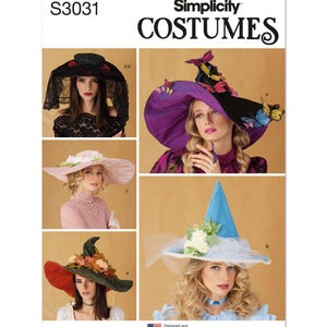 May include: Simplicity Costumes pattern S3031 for making four different witch hats. The hats are shown on models wearing them. The hats are a black witch hat with a veil, a purple witch hat with butterflies, a blue witch hat with white flowers, and a red witch hat with fall leaves.