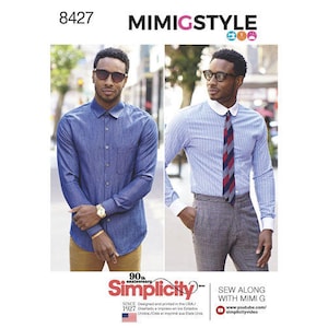 May include: Two men modeling different styles of shirts. The man on the left is wearing a blue denim shirt with a white collar. The man on the right is wearing a light blue and white striped shirt with a white collar and a red, white, and blue patterned tie. The image includes the text "8427", "MIMIGSTYLE", "90th Anniversary", "Simplicity", "SINCE 1927", "Designed and printed in the USA", "SEW ALONG WITH MIMI G", "www.youtube.com/simplicityvideo".