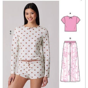 May include: McCall's M8684 sewing pattern envelope featuring a long-sleeve top and shorts with a white and brown polka dot pattern. Includes illustrations for a pink short-sleeve top labeled A and floral striped wide-leg pants labeled D.