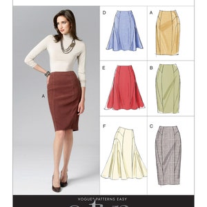 May include: A sewing pattern for a skirt with six different style options. The pattern is called V8750 and is from Vogue Patterns Easy. The skirt options include a straight skirt, a flared skirt, and a pencil skirt. The skirts are shown in different colors, including brown, blue, yellow, green, red, and white.