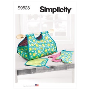 May include: A Simplicity sewing pattern featuring a quilted kitchen set. The set includes a tote bag with wooden spoons, an oven mitt, a pot holder, and a matching oven mitt. The items are teal with yellow floral patterns and red gingham lining.