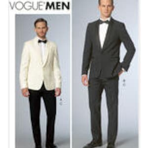 May include: Two men's suit jackets, one white and one black, with matching pants. Both jackets have a shawl collar and a single button closure. The white jacket has a black bow tie, while the black jacket has a white bow tie.
