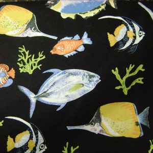 Fish on Black Cotton Fabric Sold by the Yard