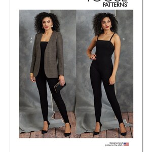 May include: Vogue Patterns sewing pattern for a jumpsuit with a blazer. The pattern is for sizes A and B. The jumpsuit is black and the blazer is brown and black plaid. The pattern is designed and printed in the USA.