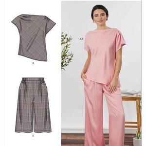 May include: Simplicity pattern S3239 features a two-piece outfit. The pattern includes a short-sleeved top and wide-leg pants. The model is wearing a light pink outfit. The top has a boat neck and the pants are high-waisted. The pattern is designed and printed in the USA.