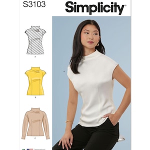 May include: A sewing pattern for a women's top with a high neck and short sleeves. The pattern includes three different styles: a striped top, a solid yellow top, and a solid beige top. The pattern is called Simplicity S3103.