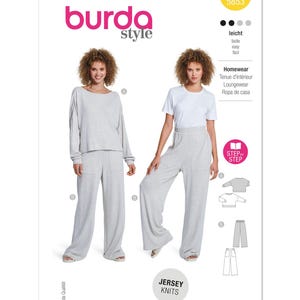 May include: A Burda Style pattern for jersey knit loungewear. The pattern features two models wearing a light gray long-sleeve top and pants, and a white t-shirt with matching pants. The pattern number is 5853.