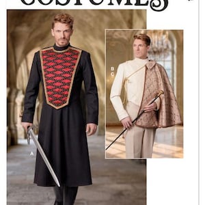 May include: McCall's Costumes pattern featuring two men in historical outfits. One wears a black robe with a red and gold patterned yoke and holds a sword. The other wears a cream-colored shirt, tan pants, and a patterned cape, holding a cane.