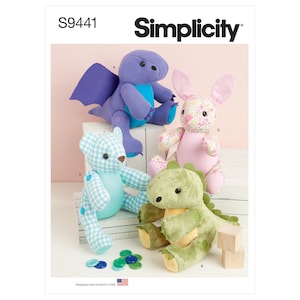 May include: Simplicity sewing pattern S9441 for making four plush toys: a purple dinosaur, a pink bunny, a blue and white checkered teddy bear, and a green dinosaur. The pattern includes instructions for adding buttons to the toys.