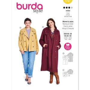 May include: Burda Style sewing pattern number 5747 for a coat or jacket. The pattern is for sizes EUR 46-56 and US 20-30. The image shows two models wearing the coat in different colors, one in yellow and one in burgundy.