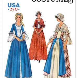 May include: Simplicity Costumes pattern featuring three historical dresses. The dresses are in blue, red, and white, with details like bell sleeves and bonnets. The pattern includes the text "USA 250" and the words "Simplicity Costumes".