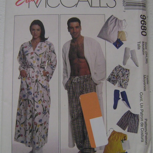 VINTAGE McCall's Sewing Pattern M9680 Misses' and Men's Unisex Robe, Pull-on Pants or Shorts, Bootees and Pouch