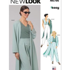 May include: A woman in sunglasses models a mint green outfit, including a long coat, top, and pants. The image also features illustrations of similar outfits. The text "NEWLOOK" and "easy" are visible.