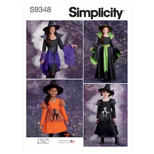 May include: Simplicity sewing pattern S9348 for a witch costume. The pattern includes four different styles of witch costumes, with options for a long or short dress, a pointed hat, and a variety of accessories.
