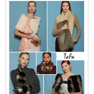 May include: Vogue Accessories pattern for a faux fur stole, scarf, and gloves. The pattern is called Tafa and the pattern number is V9234.