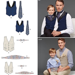 May include: A sewing pattern for a vest and bow tie. The pattern includes instructions for making a vest with a variety of different fabrics, as well as a bow tie. The pattern is designed for both adults and children.