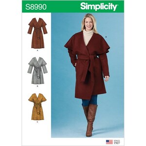 May include: Simplicity sewing pattern S8990 for a wrap coat with a cape collar. The pattern shows three different versions of the coat in brown, gray, and yellow.