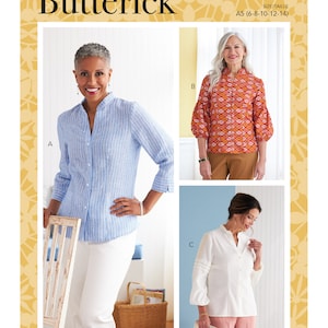 May include: A sewing pattern for a women's blouse with three different styles. The pattern is from Butterick and is size A5 (6-8-10-12-14). The first style is a light blue striped blouse with a mandarin collar. The second style is a red and white patterned blouse with a mandarin collar and puffed sleeves. The third style is a white blouse with a mandarin collar and puffed sleeves.