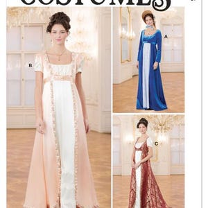 May include: McCall's Costumes pattern featuring three different Regency-era dresses. The dresses are in shades of peach, white, and blue, with intricate details. The pattern includes a variety of sizes and styles for historical costume creation.