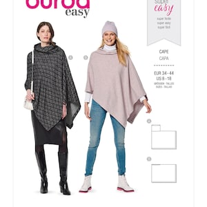May include: Burda Easy sewing pattern number 6175 for a cape. The pattern includes two different styles, one in black and white and one in pink. The pattern is for sizes EUR 34-44 or US 8-18.