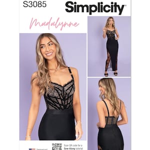 May include: Simplicity sewing pattern S3085, Madalynne, for a black lace and satin dress with a high neckline and a slit up the side. The pattern includes a QR code for a sew-along tutorial by Maddie Kulig.
