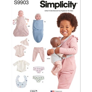 May include: Simplicity sewing pattern S9903 for making clothes for 15-inch dolls. The pattern includes instructions for making a variety of garments, including a sleeping bag, a onesie, pants, a bib, and underwear. The pattern also includes instructions for making a doll carrier.
