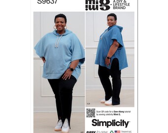 May include: A blue hooded sweatshirt with a large pocket on the front. The sweatshirt is shown on a model wearing black pants and white sneakers. The image also includes the text "S9637", "mig", "A DIY & LIFESTYLE BRAND", "Scan QR code for a Sew-Along tutorial by sewing celebrity Mimi G.", "Simplicity", "easy-to-sew", and "Designed and printed in USA."