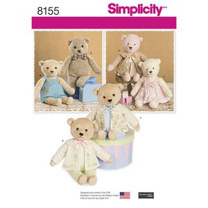May include: Simplicity sewing pattern number 8155 for making teddy bears. The pattern includes instructions for making five different teddy bears, including a brown bear with a bow tie, a pink bear with a white coat, a white bear with a pink dress, a brown bear with a blue and white jacket, and a brown bear with a white jacket.