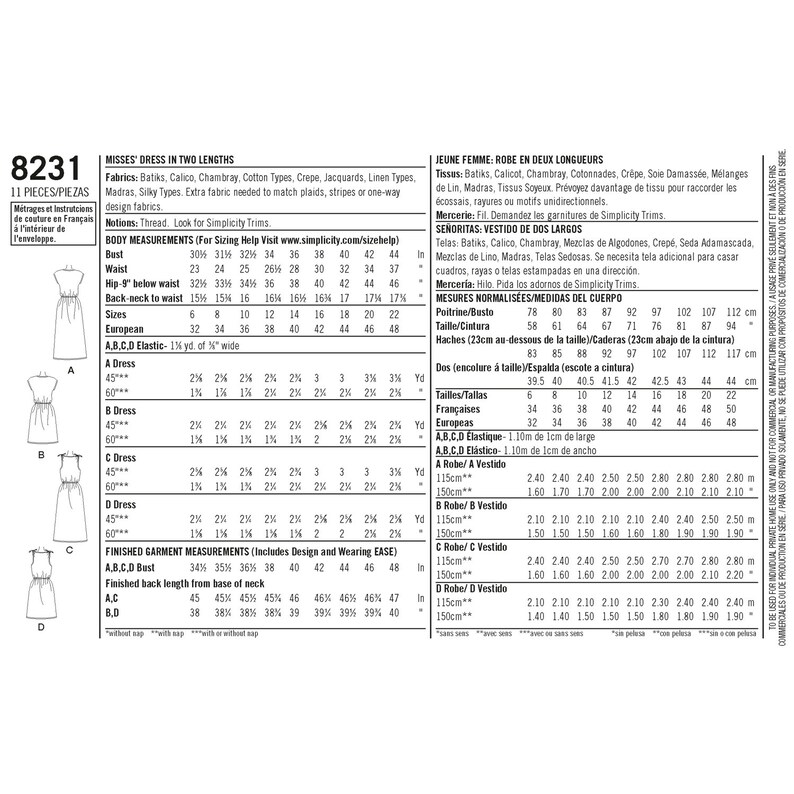 Simplicity Sewing Pattern 8231 Misses'dress in Two Lengths Etsy